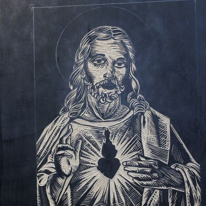 A Black and White Drawing of Jesus Holding His Heart — La Bomba Loca Tattoo in Cairns City, QLD