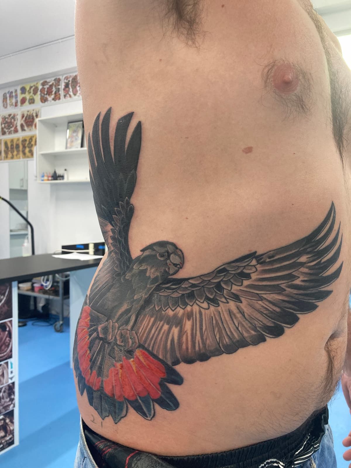 A Man Has a Tattoo of a Bird on His Side — La Bomba Loca Tattoo in Cairns City, QLD