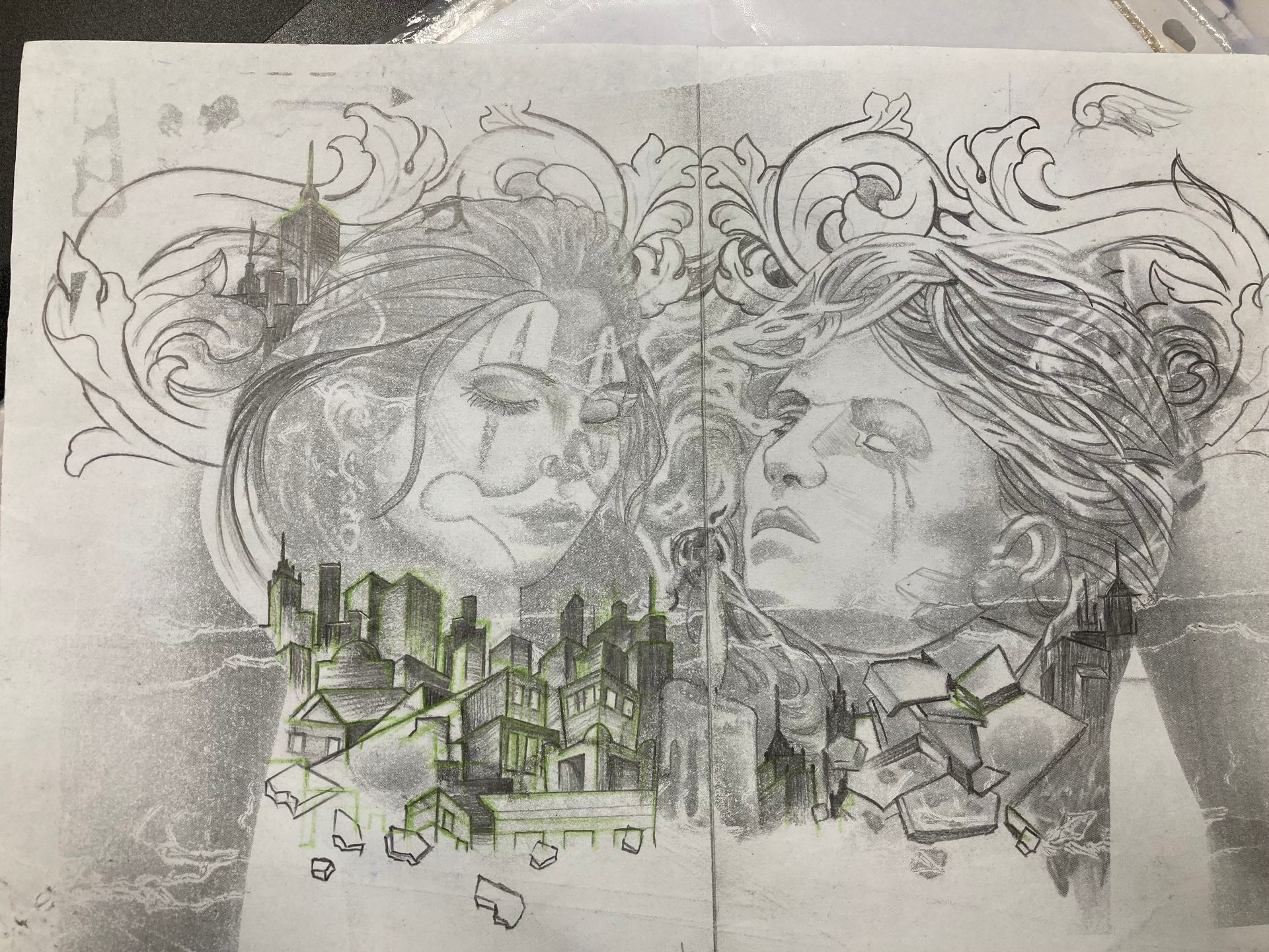 A Black and White Drawing of Two Women 's Faces With a City in the Background — La Bomba Loca Tattoo in Cairns City, QLD