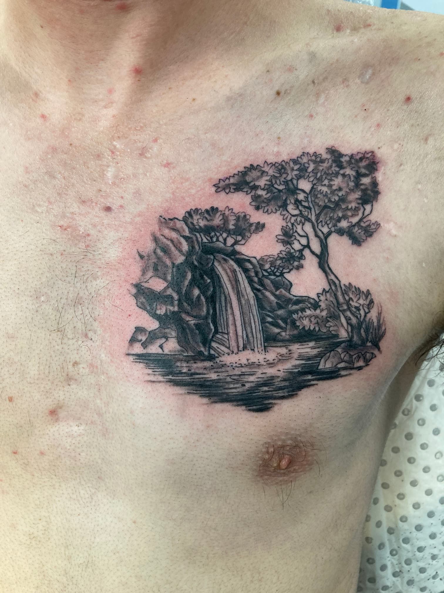 A Man Has a Tattoo of a Waterfall and Trees on His Chest — La Bomba Loca Tattoo in Cairns City, QLD