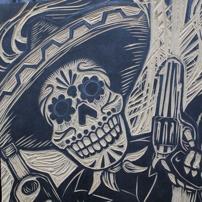 Woodcut-style Illustration of a Skeletal Mariachi — La Bomba Loca Tattoo in Cairns City, QLD