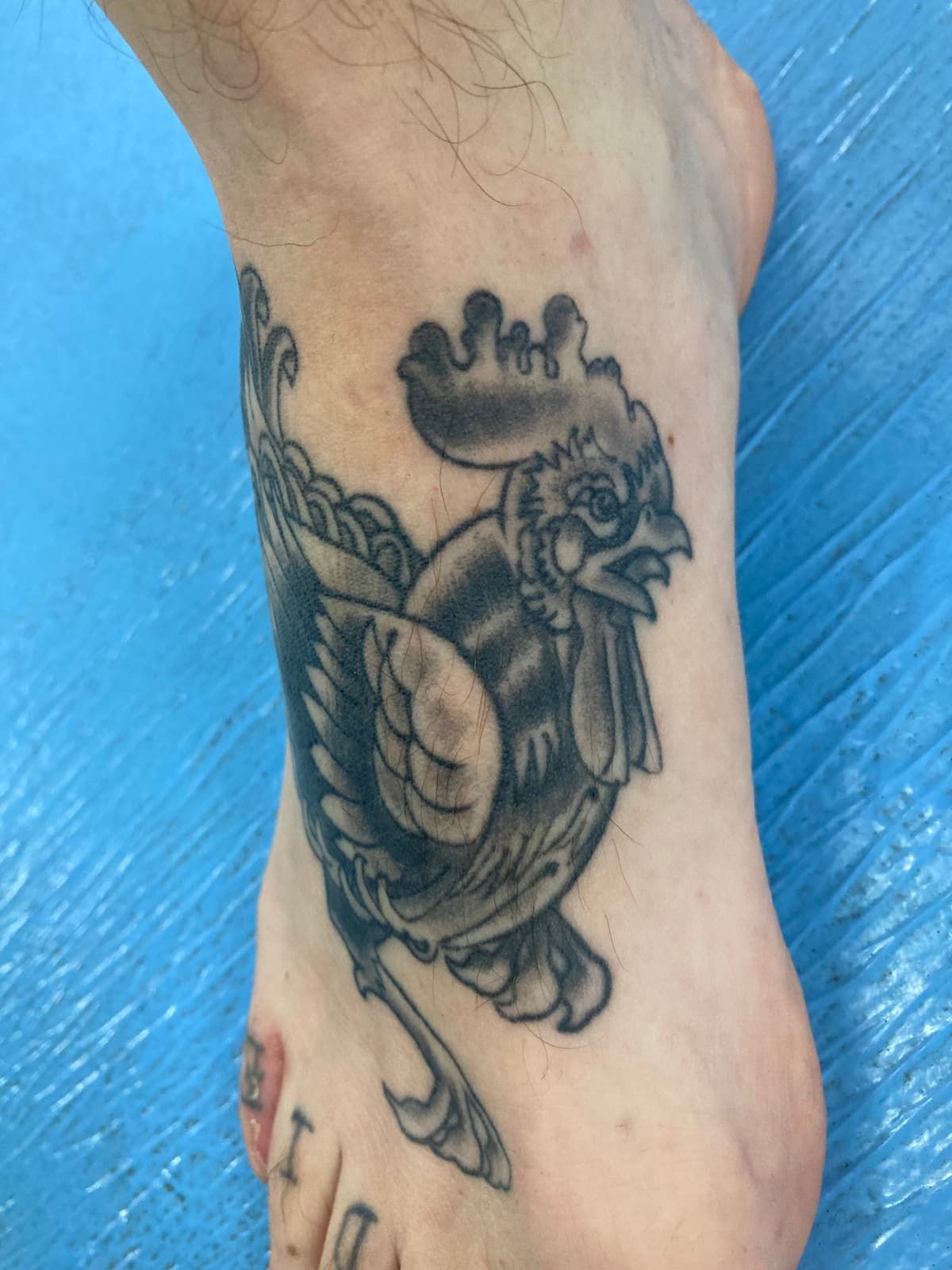 A Person Has a Tattoo of a Chicken on Their Foot — La Bomba Loca Tattoo in Cairns City, QLD