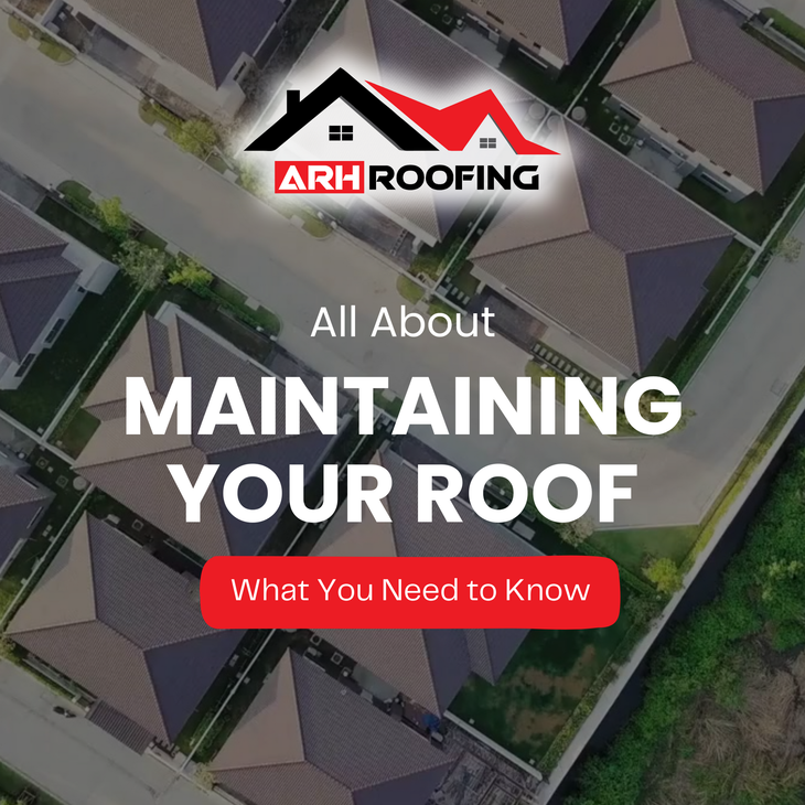 An aerial view of a neighborhood's roofs. Text: "Maintaining Your Roof." Red ARH Roofing logo.