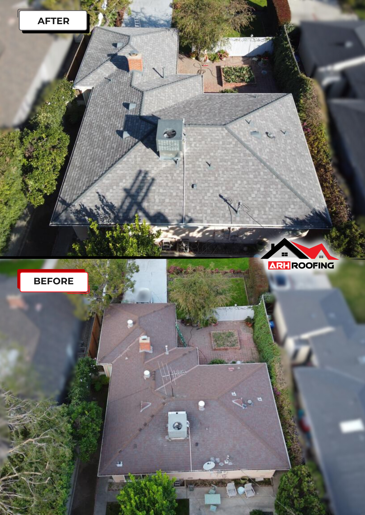Aerial view of a house with a new gray roof replacing the old brown one. 