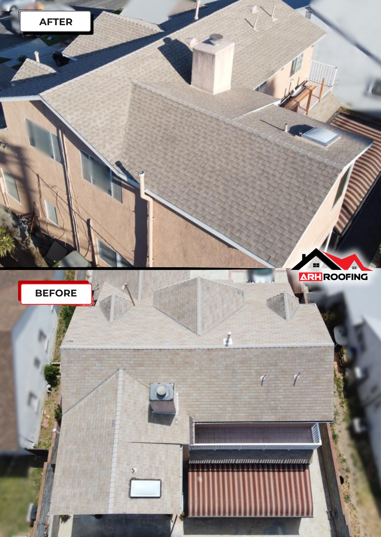 Overhead view: After and before of a roof repair. Beige shingles, two-story building.