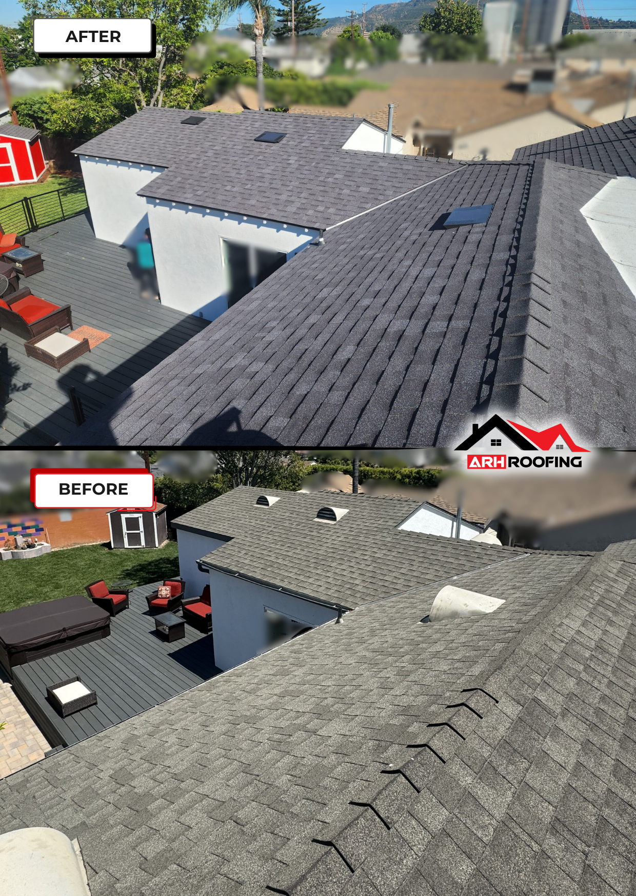 Comparison of a before and after roofing job; light and dark gray shingles on a house roof.