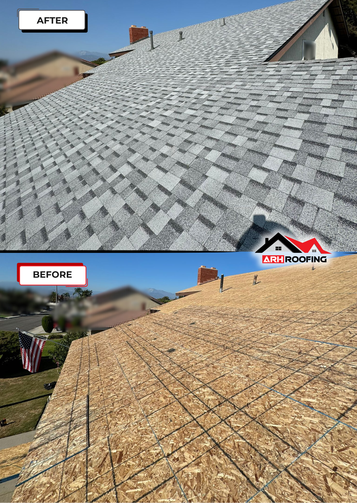 Roofing comparison: Before shows exposed wood, after shows gray shingle roofing.