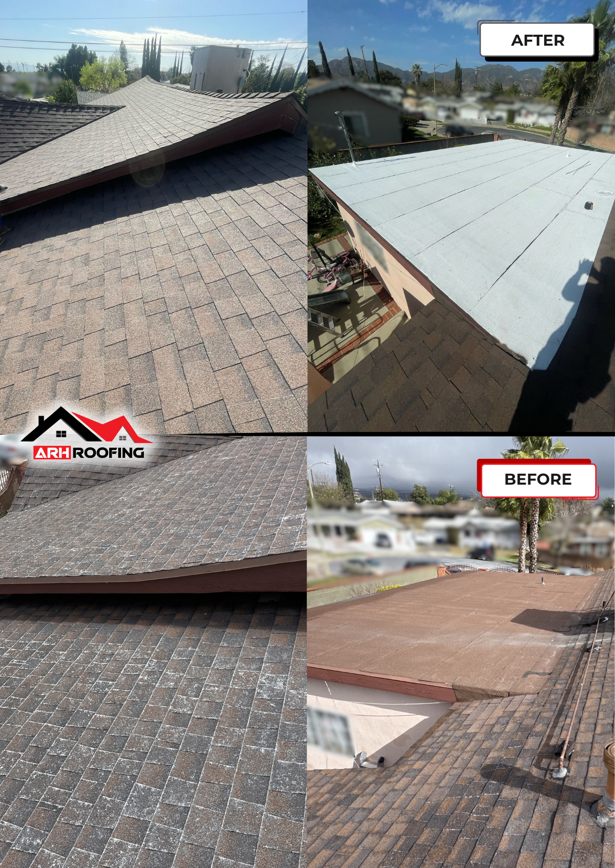 Before-and-after roof replacement. Old asphalt shingles replaced with white reflective roof coating.