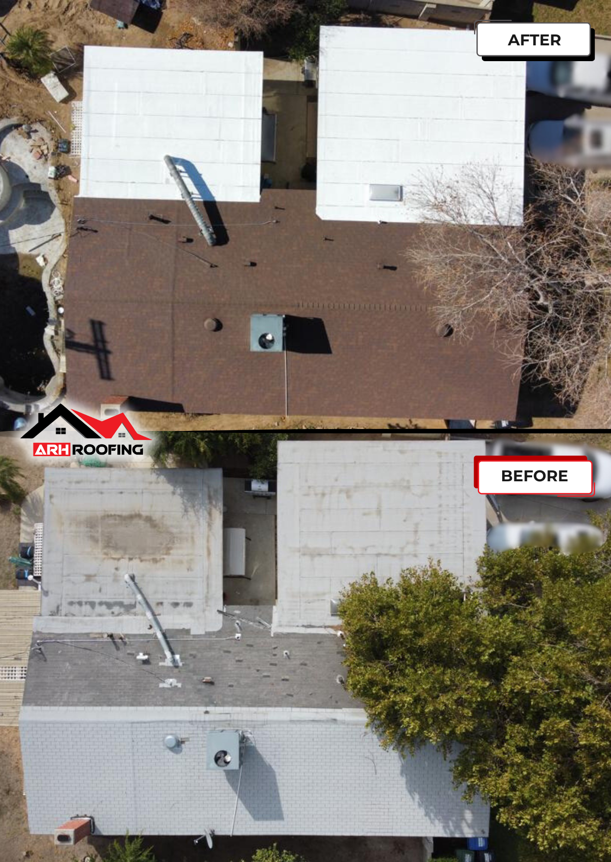 Overhead view: A roof replaced from dark shingles to white, with 