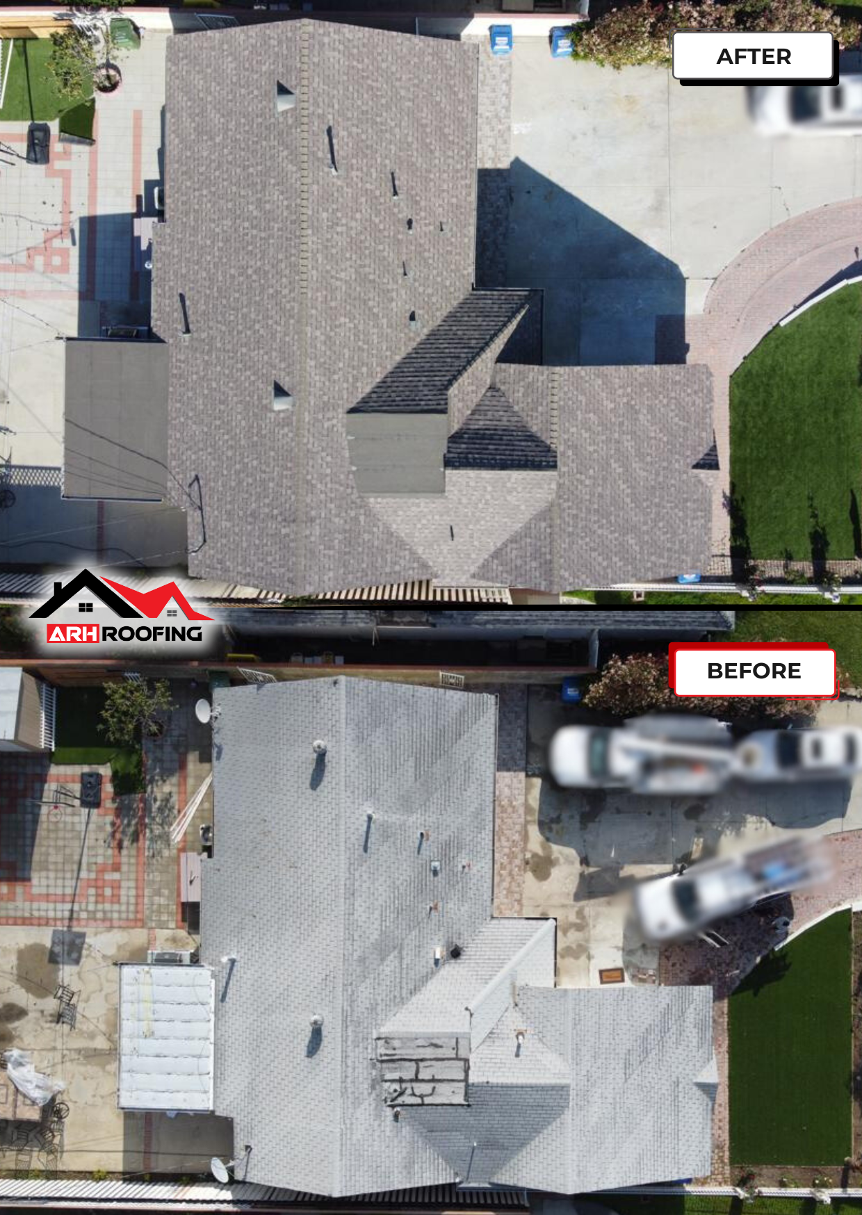 Aerial view comparing a before and after roof replacement. Shows a gray roof before and a brown roof after.