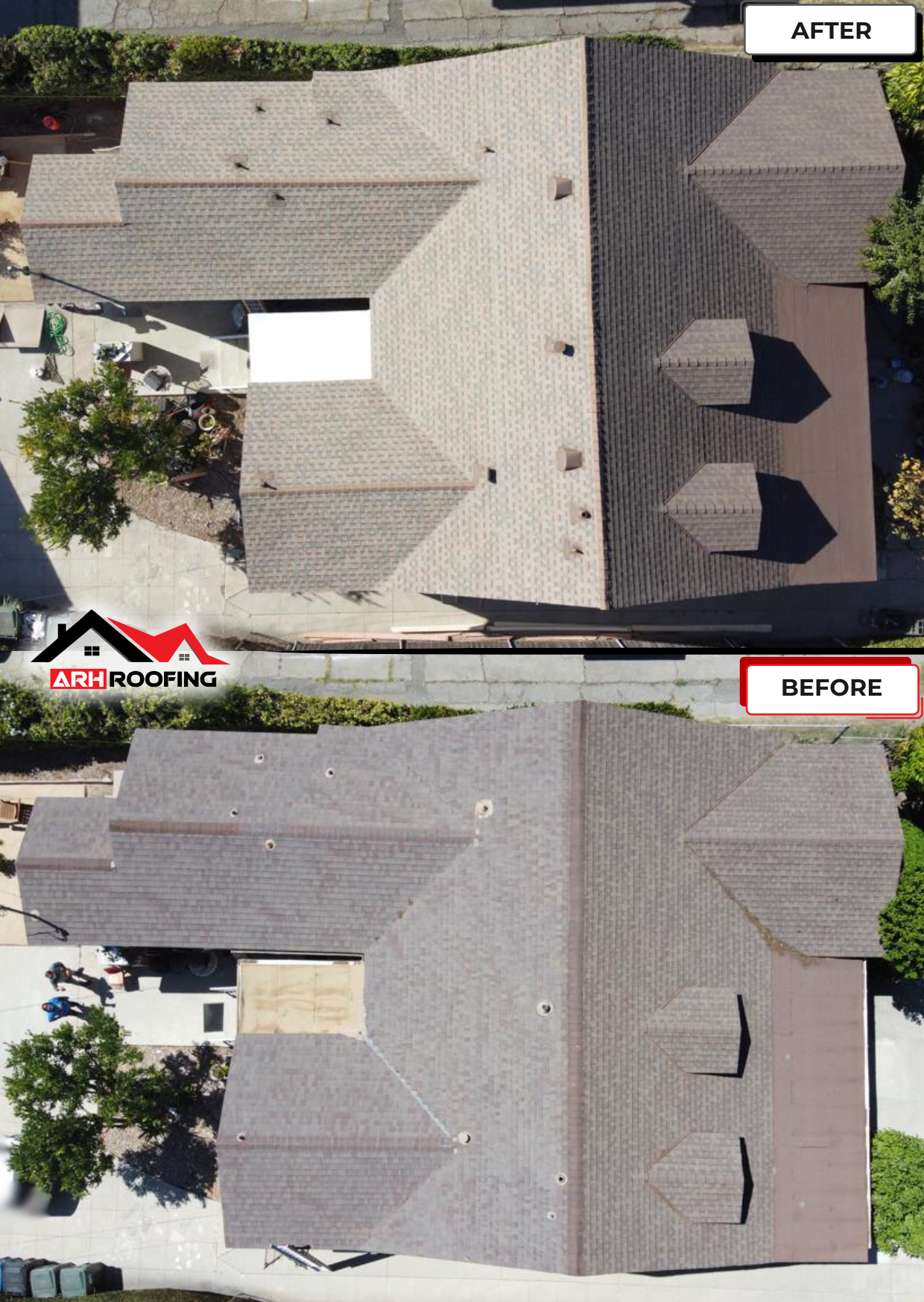 Comparison of a house roof: after re-roofing, light brown color, before, dark brown color.