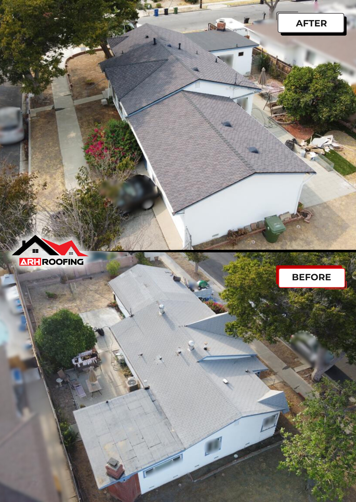 Before-and-after aerial view of a residential building's roof replacement; new grey shingles replace older, faded ones.