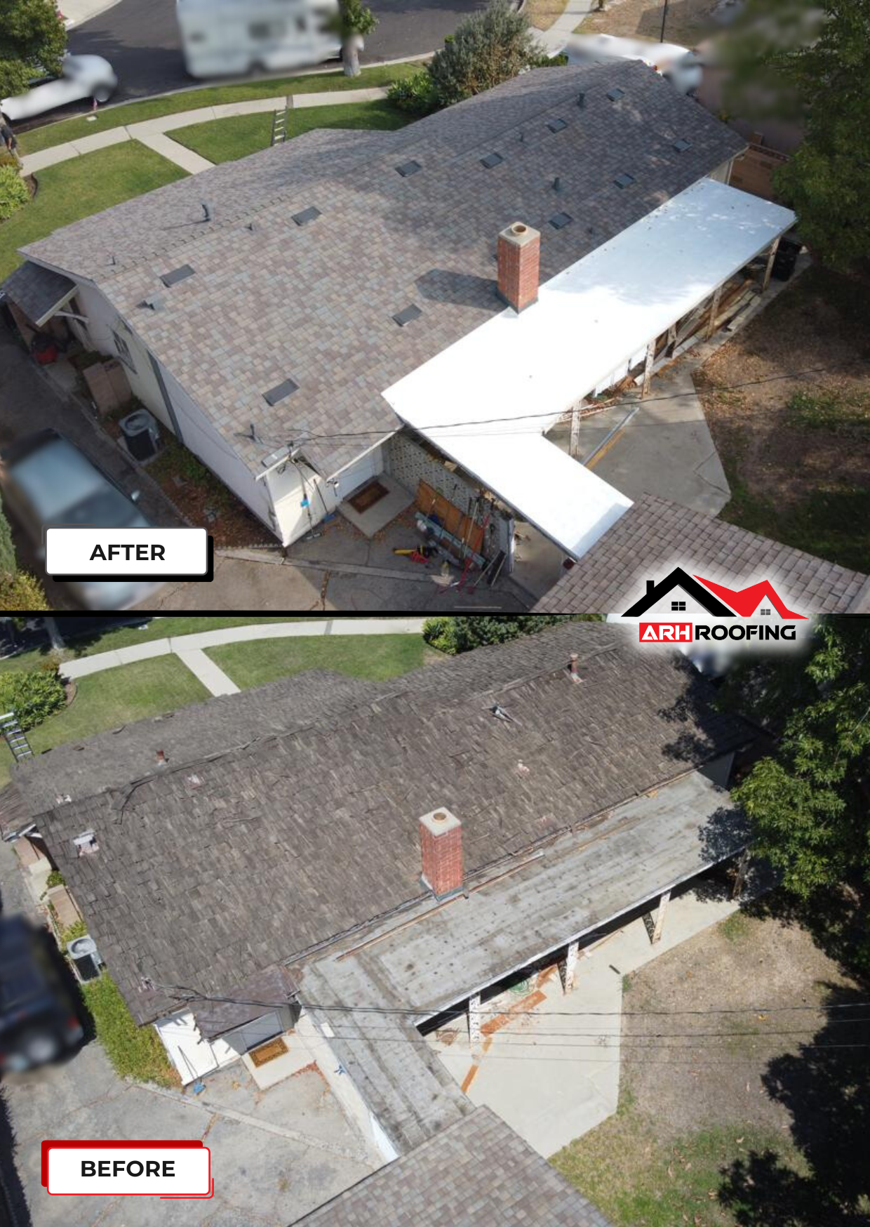 A roof before and after a roofing project. The 