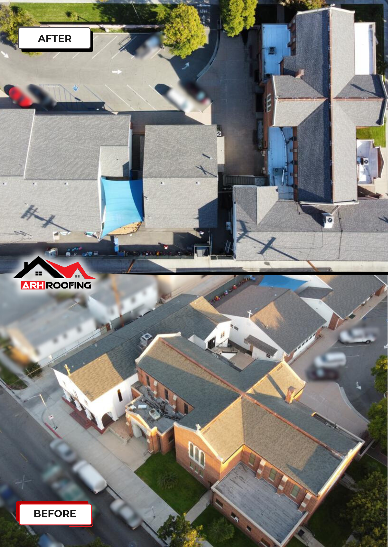 Aerial view comparing before/after of a church roof replacement. Gray new roof, red brick building, parking lot.