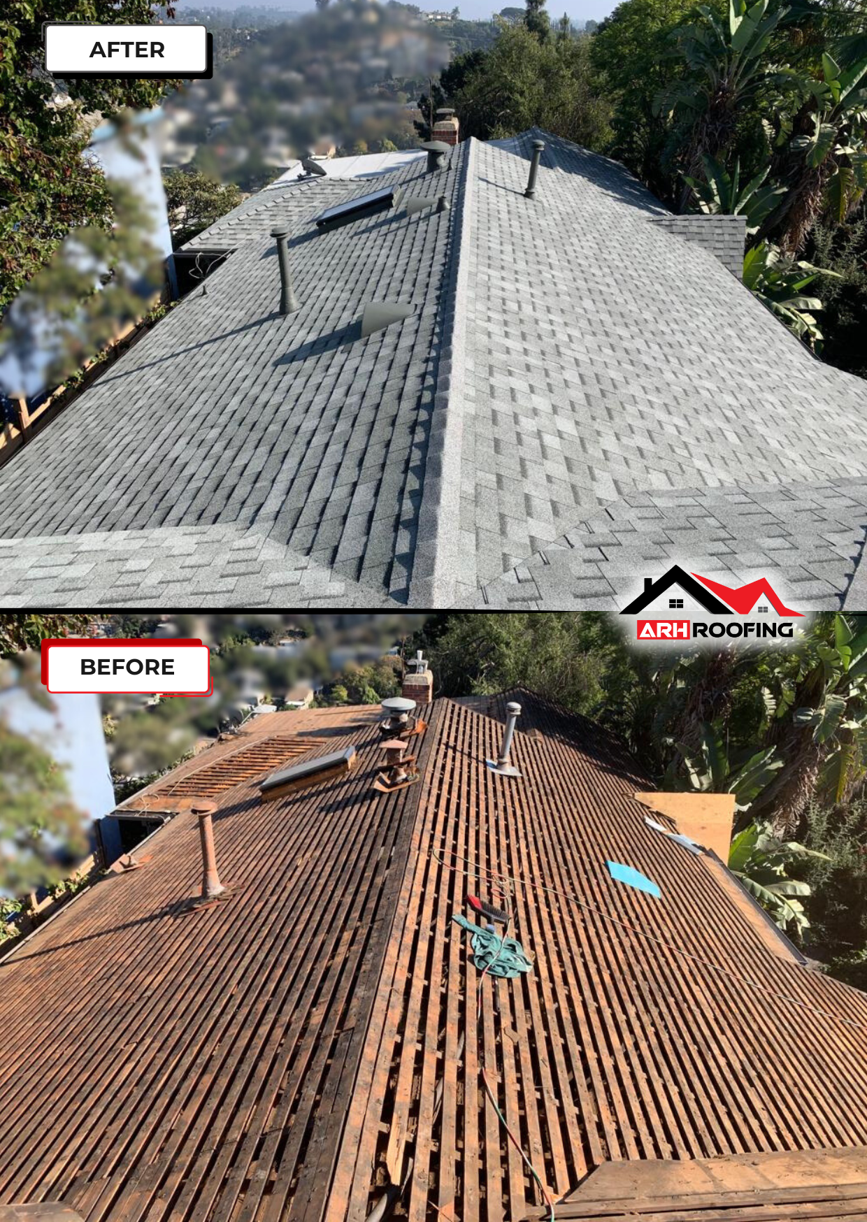 Before and after view of a roof. Replaced shingles from brown to grey. Overhead view.