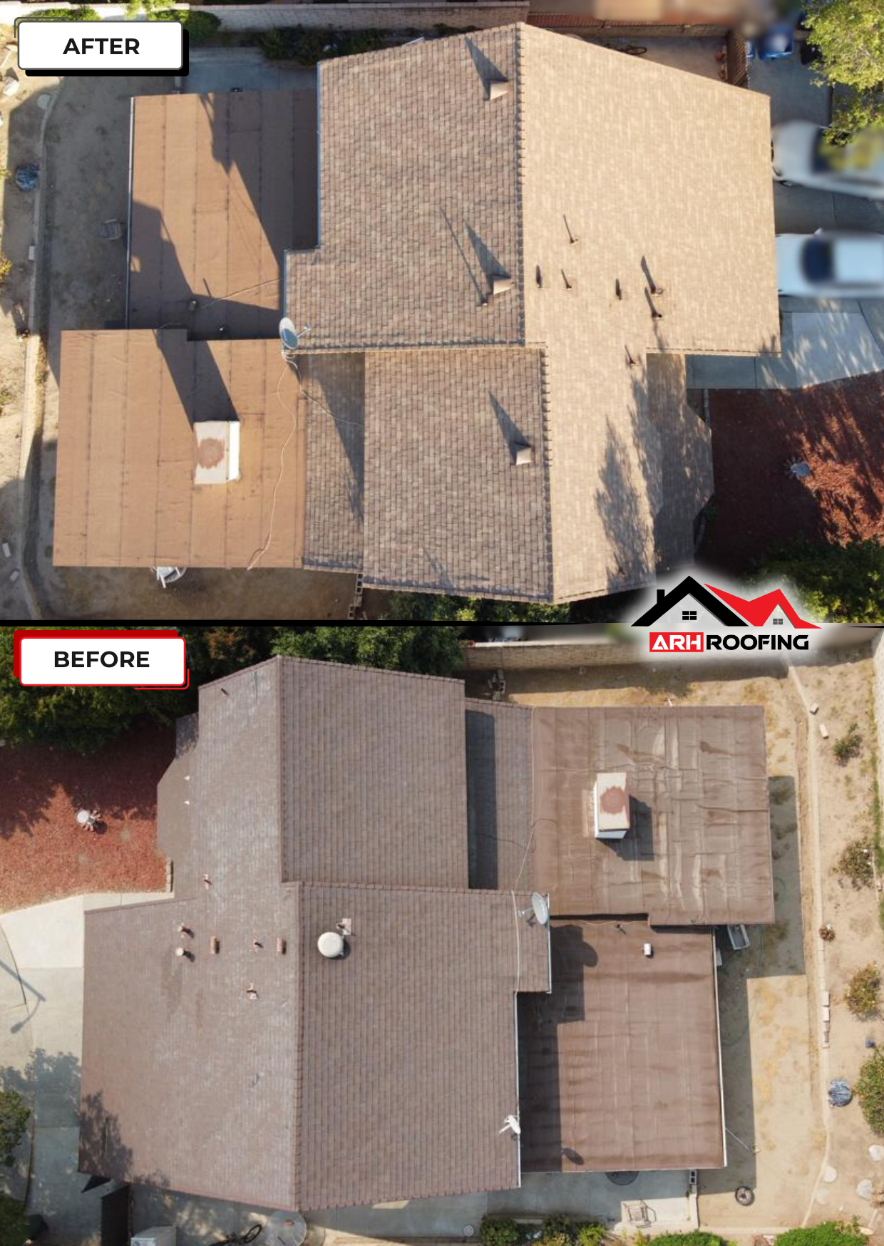 Comparison of a house roof before and after a roof replacement, from above. Brown shingles.