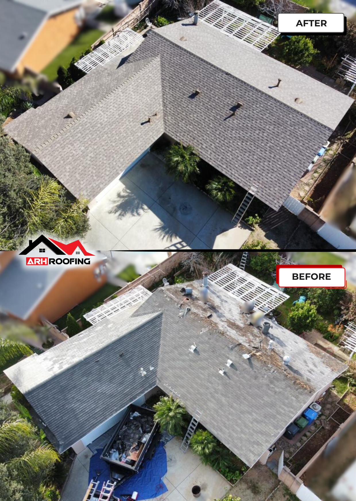 Comparison of a roof before and after repair; gray shingles, sunny outdoor setting.