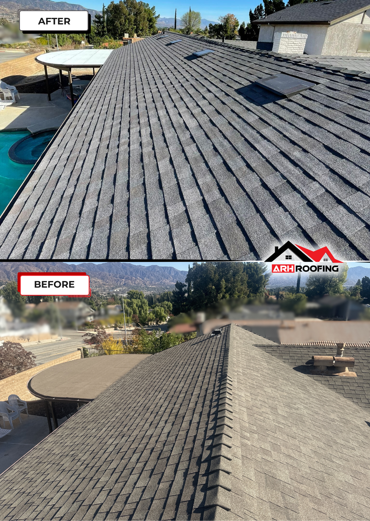 Before and after view of a dark gray shingle roof. The after view shows a repaired roof, with a blue pool in the background.
