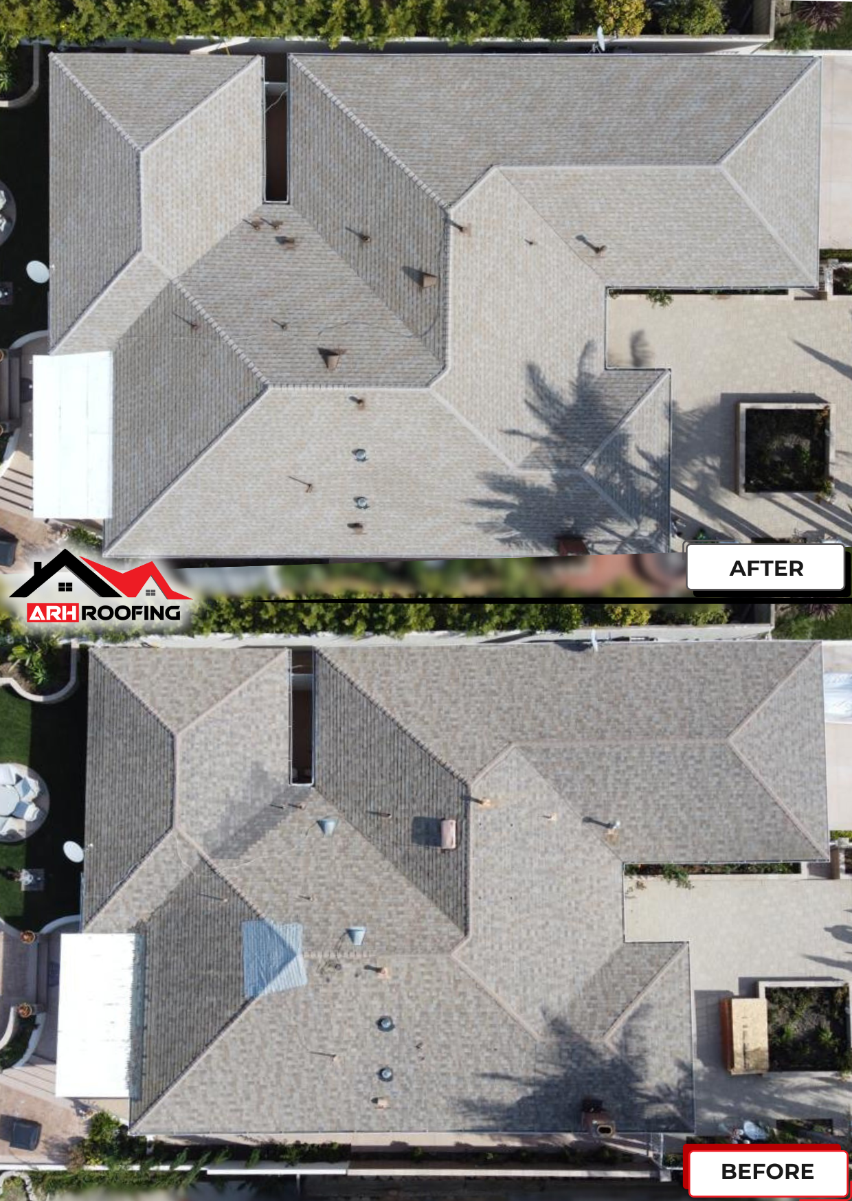 Overhead view of a house roof, showing before and after roofing work. Gray shingles. Sun casts shadows.