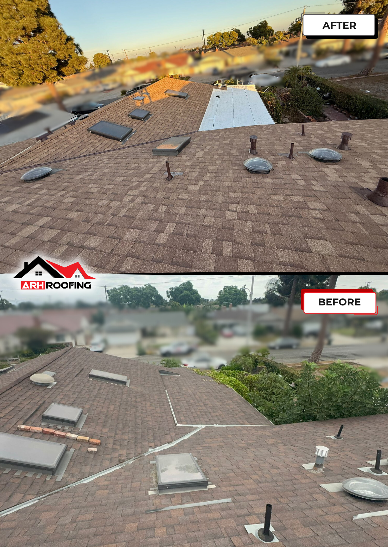 Before and after photos of a roof replacement. Brown shingle roof with vents and skylights, with some white sections.