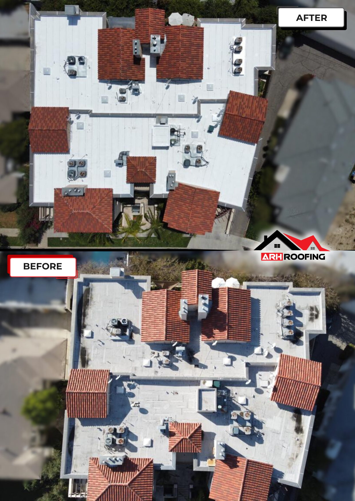 Overhead view comparing a building's roof 