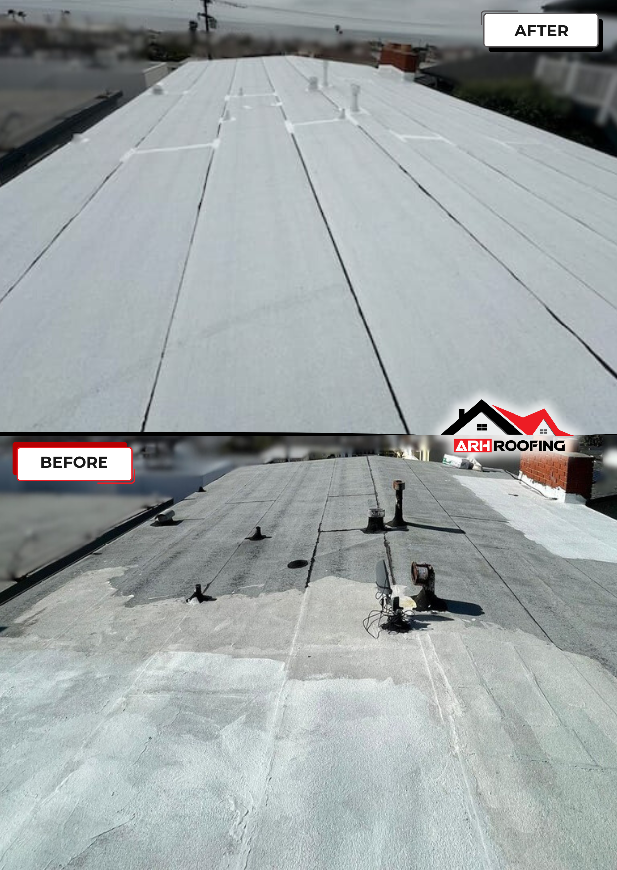 Comparison of a commercial roof before and after repair; old grey vs. new light gray.