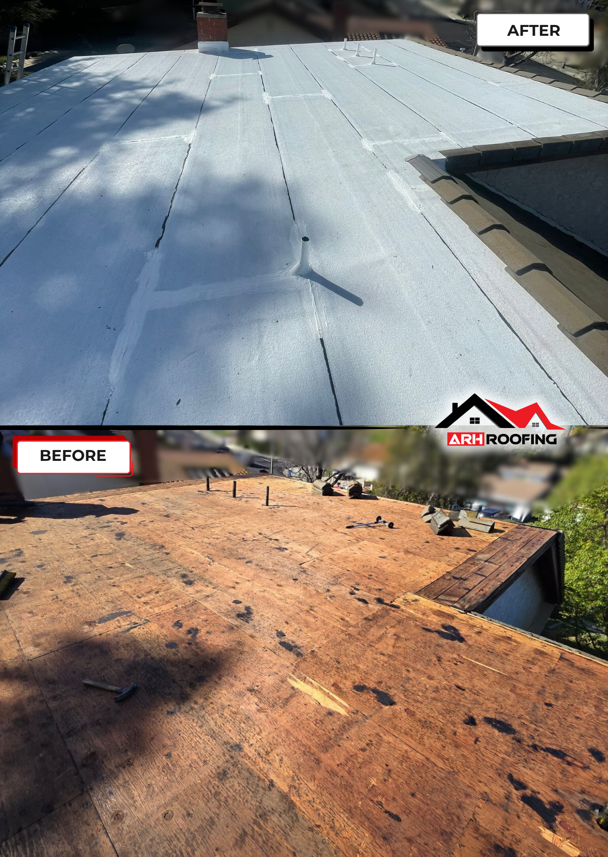 Before and after of a roof. Before is damaged and brown; after is white and newly installed.