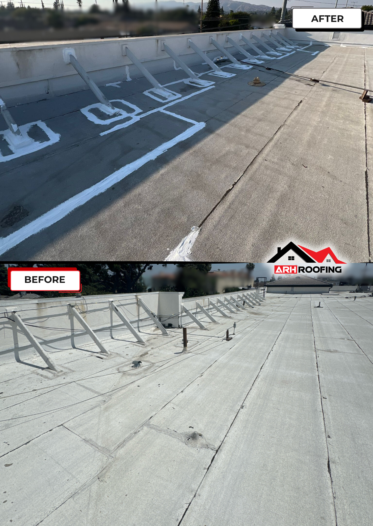 Flat roof before and after repair with white markings, showing work by PME Roofing.