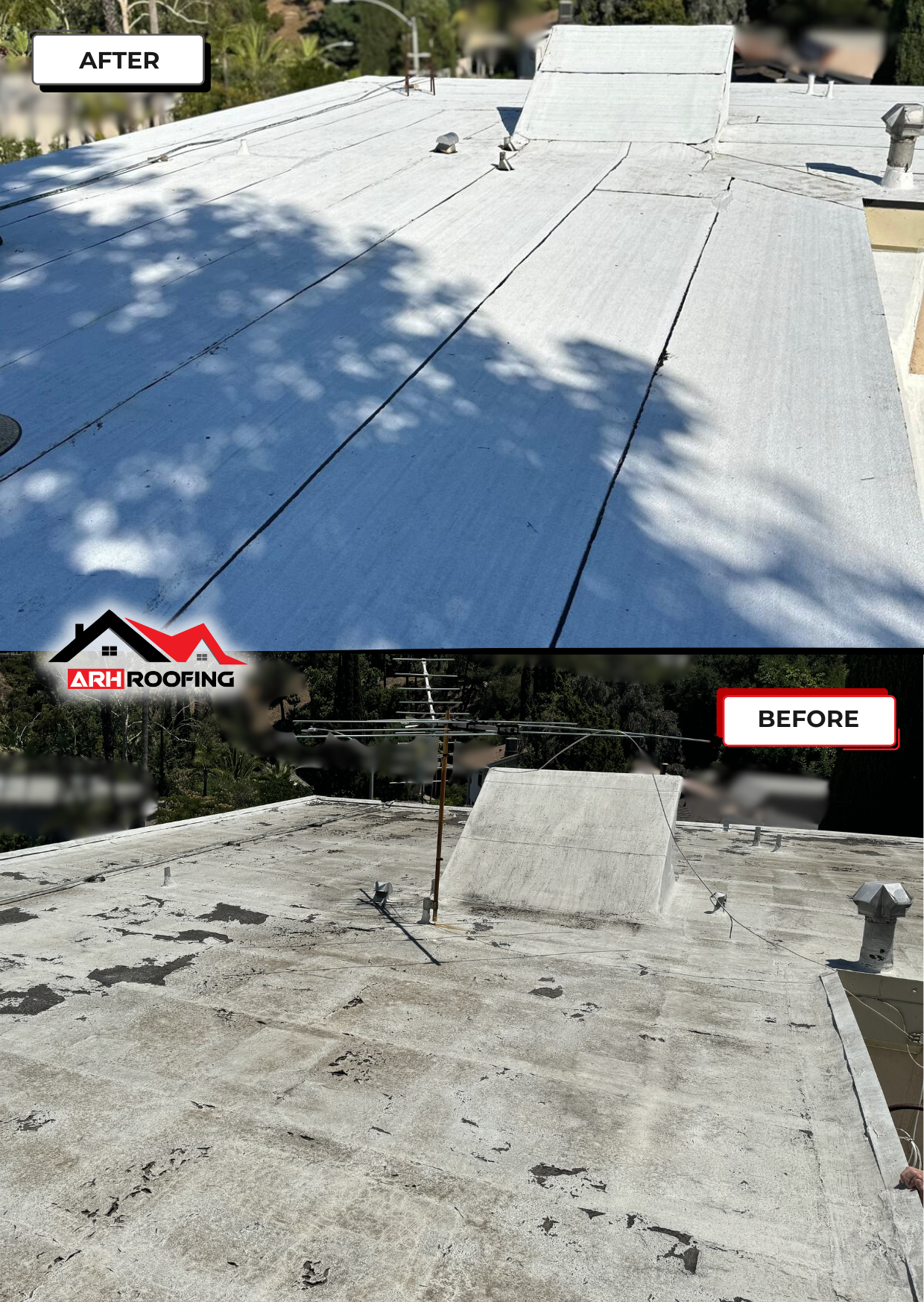 Before and after view of a flat roof, showing its refurbished appearance.