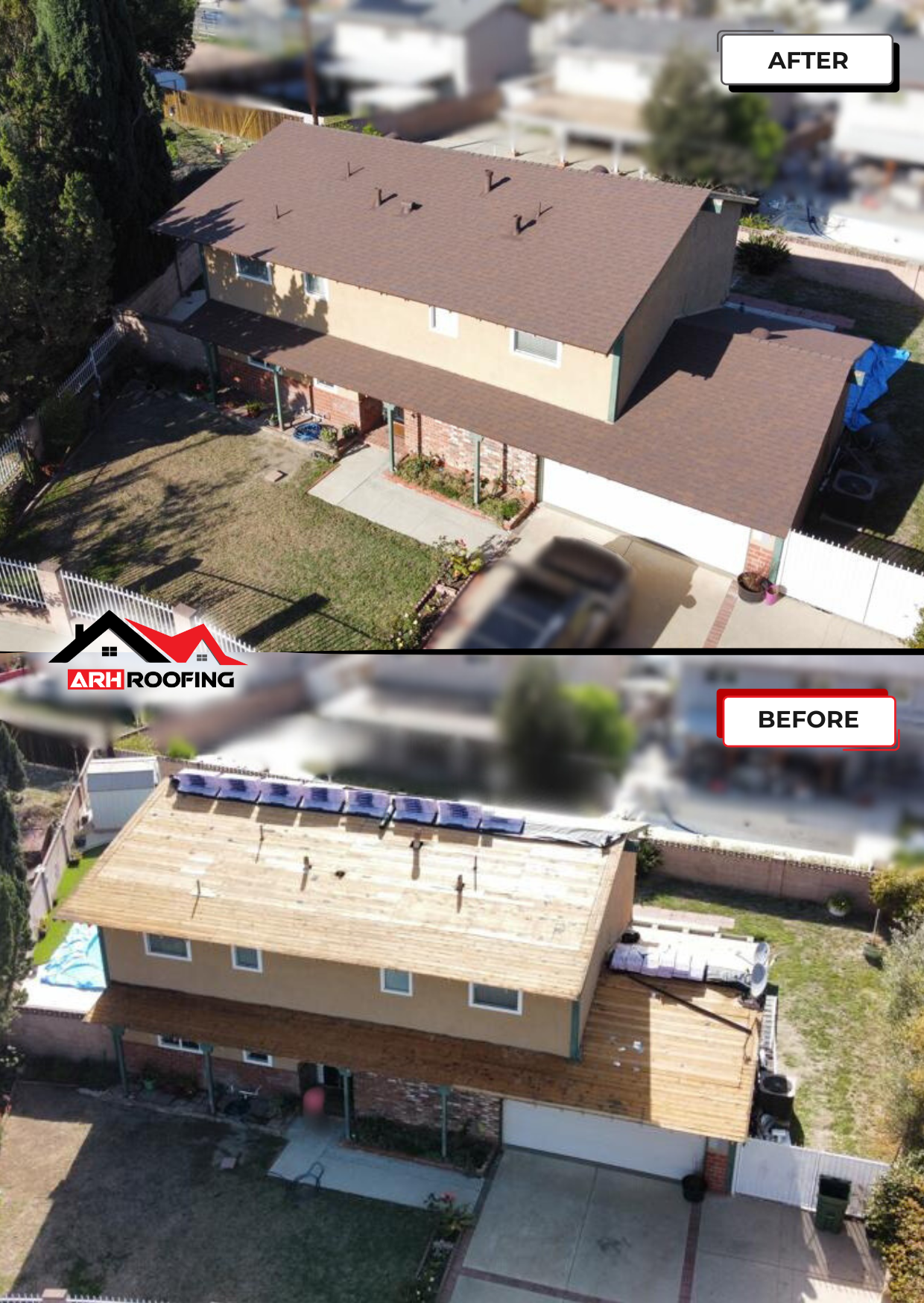 Top: House with new brown roof. Bottom: House with old faded roof.
