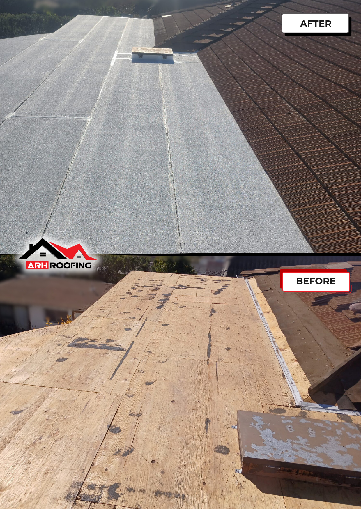 Before-and-after view of a roof. The after shows asphalt shingles and a flat, light-colored surface. Before shows an older, worn surface.