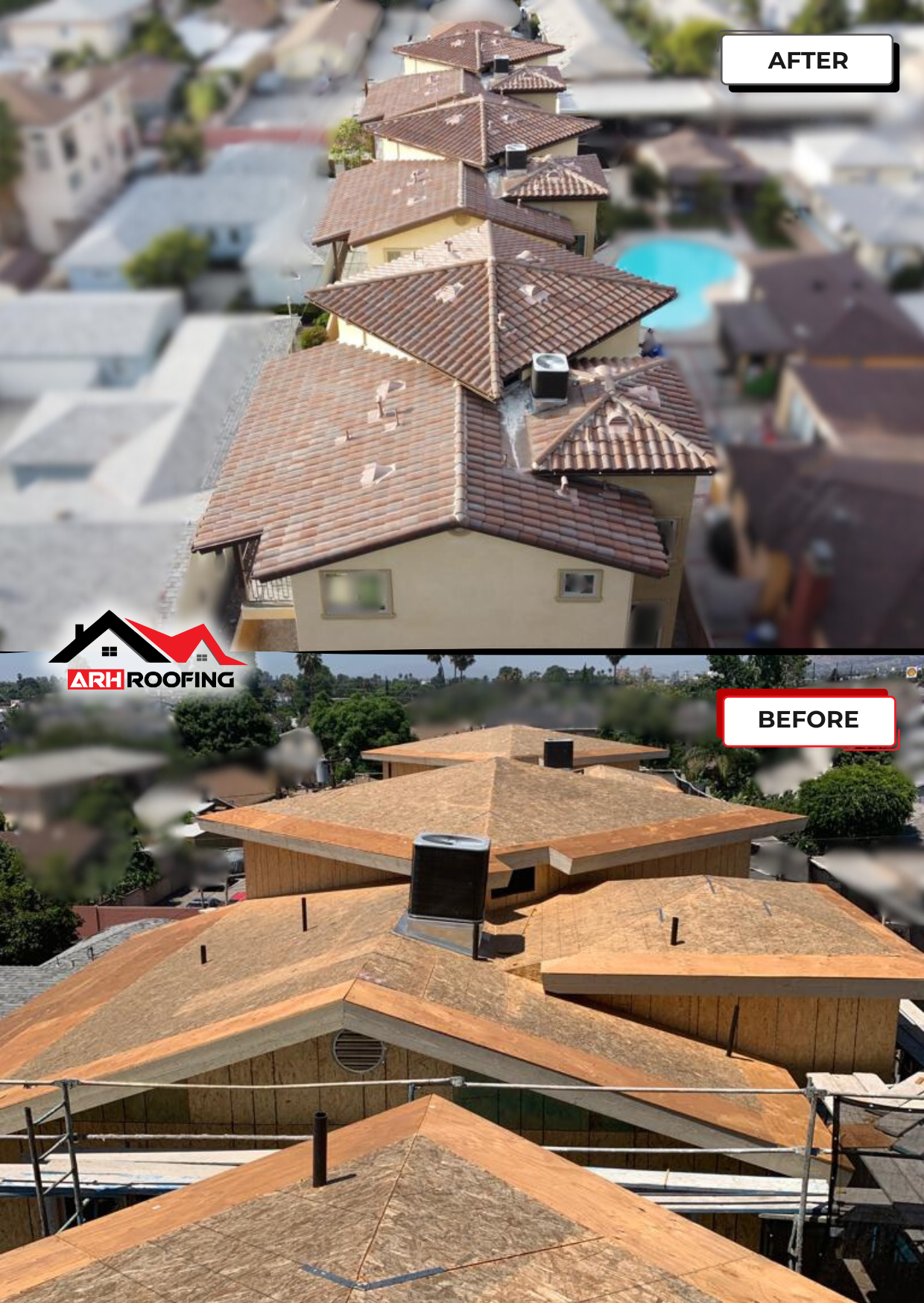 Comparison of before-and-after roofing work on a row of tan apartment buildings; old roof replaced with new terracotta tiles.