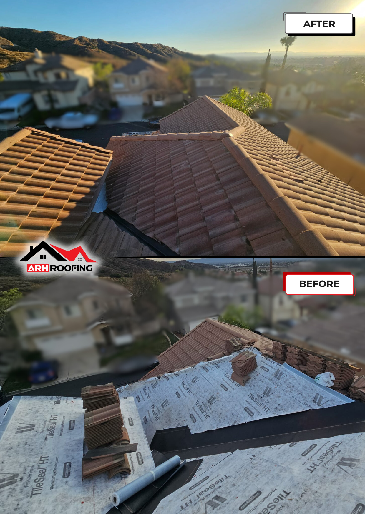 Before and after view of a clay tile roof replacement in a residential area.