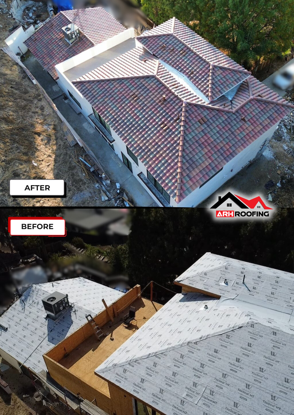 Comparison of a house roof before and after renovation with red tile roofing.