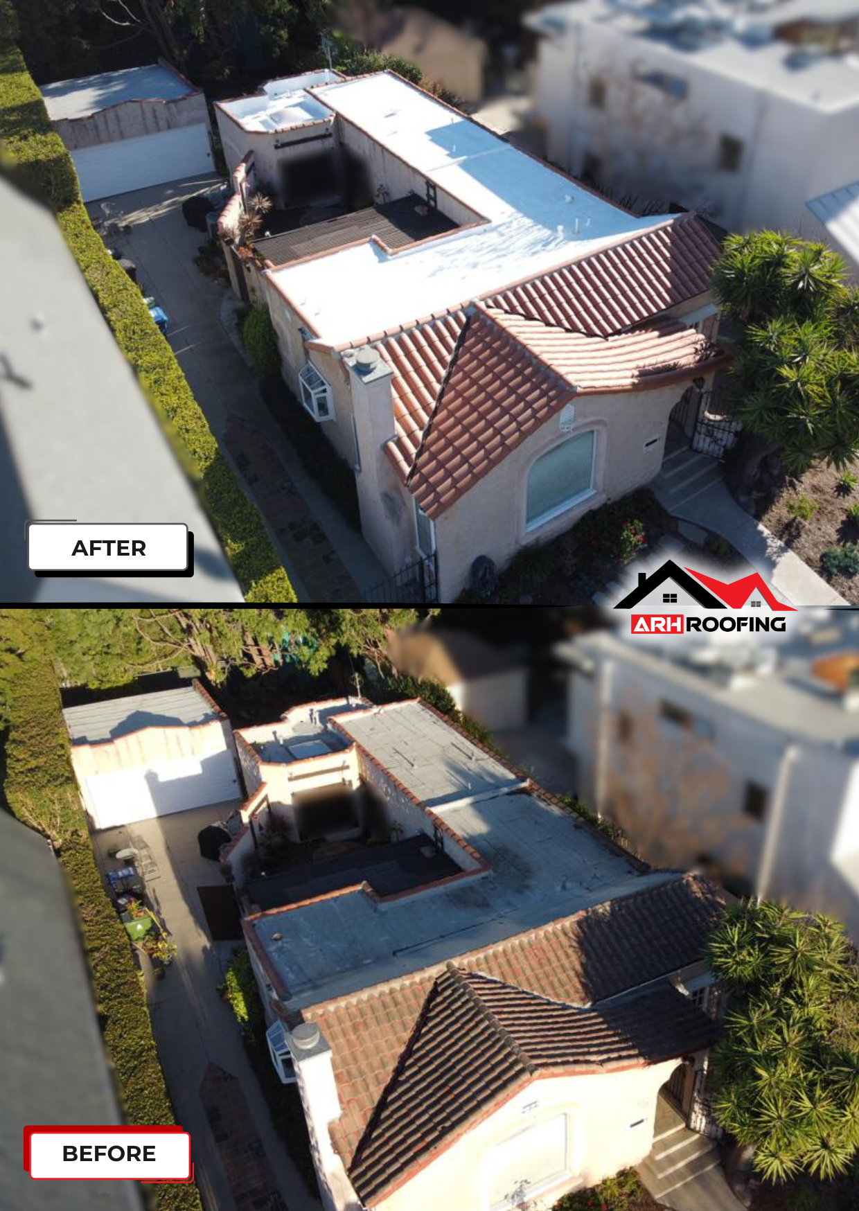 Comparison of a house roof before and after a renovation.
