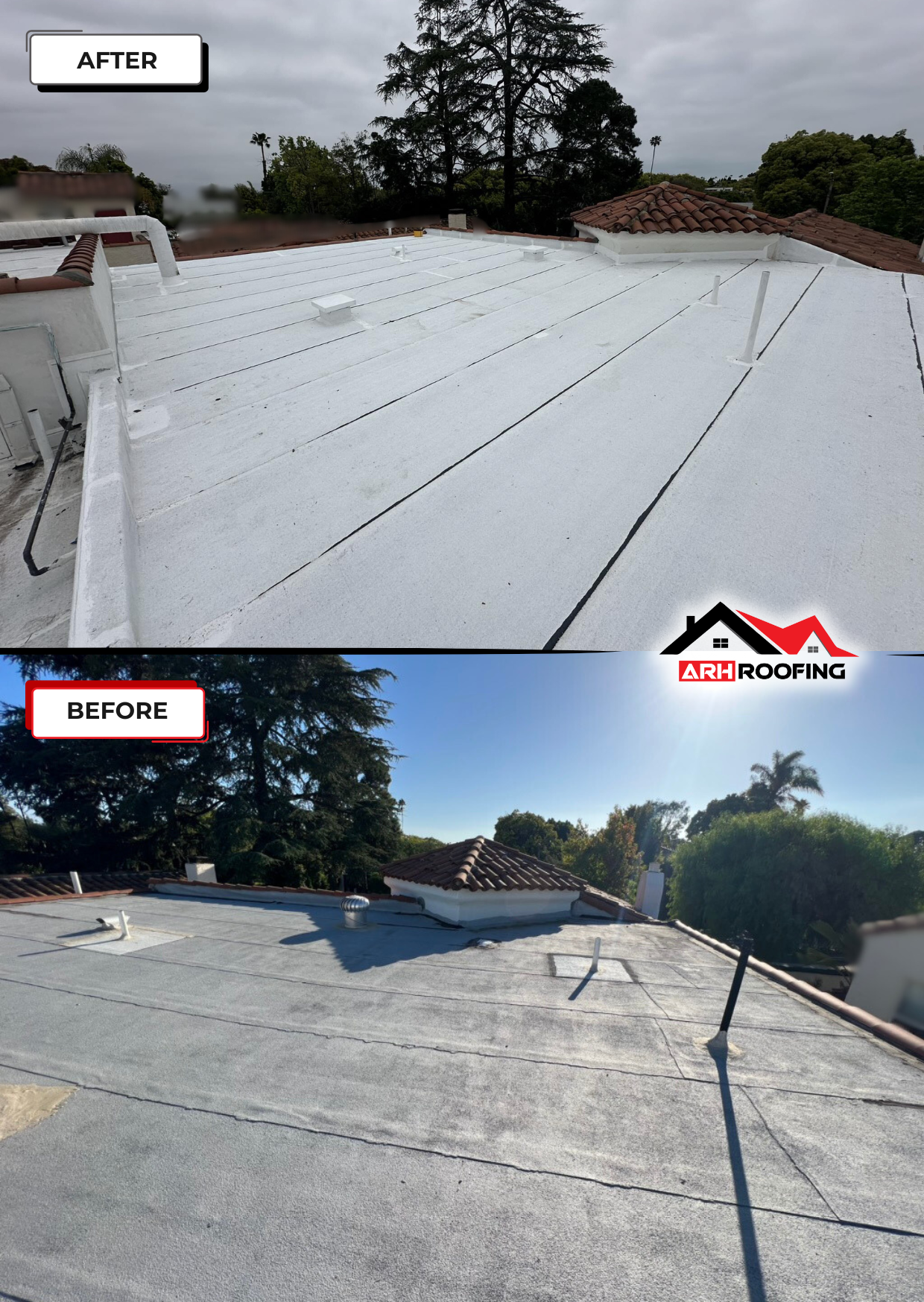 Before and after roof comparison; old gray roof replaced with new white roof.