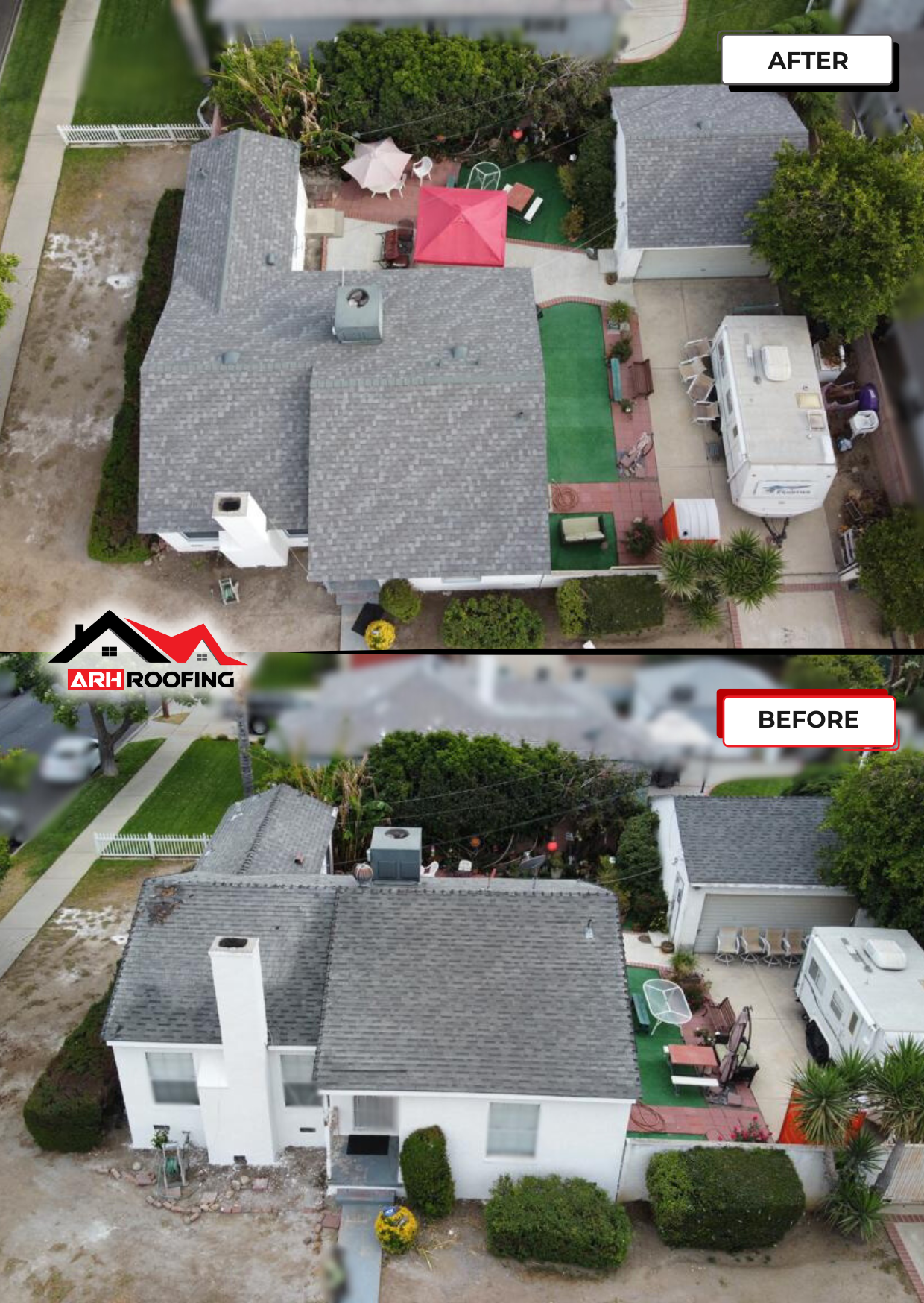 Overhead view comparing before and after roof replacement on a house. Gray roof, white house, with a recreational vehicle.