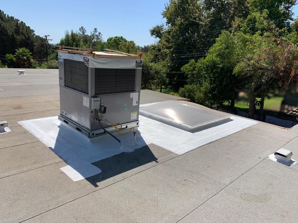 Air conditioning unit and skylight on a rooftop with trees in the background.
