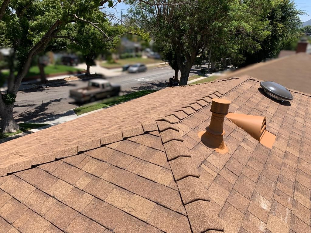 A brown shingle roof with two vents and a street view background.
