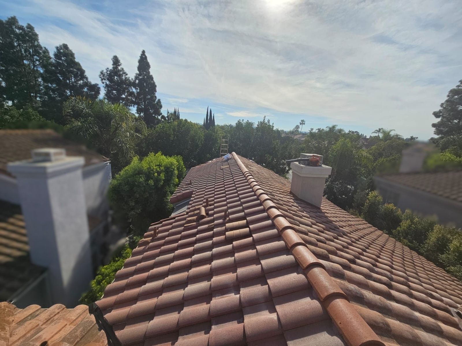 View of a clay tile roof with chimneys against a blue sky and surrounding green trees.