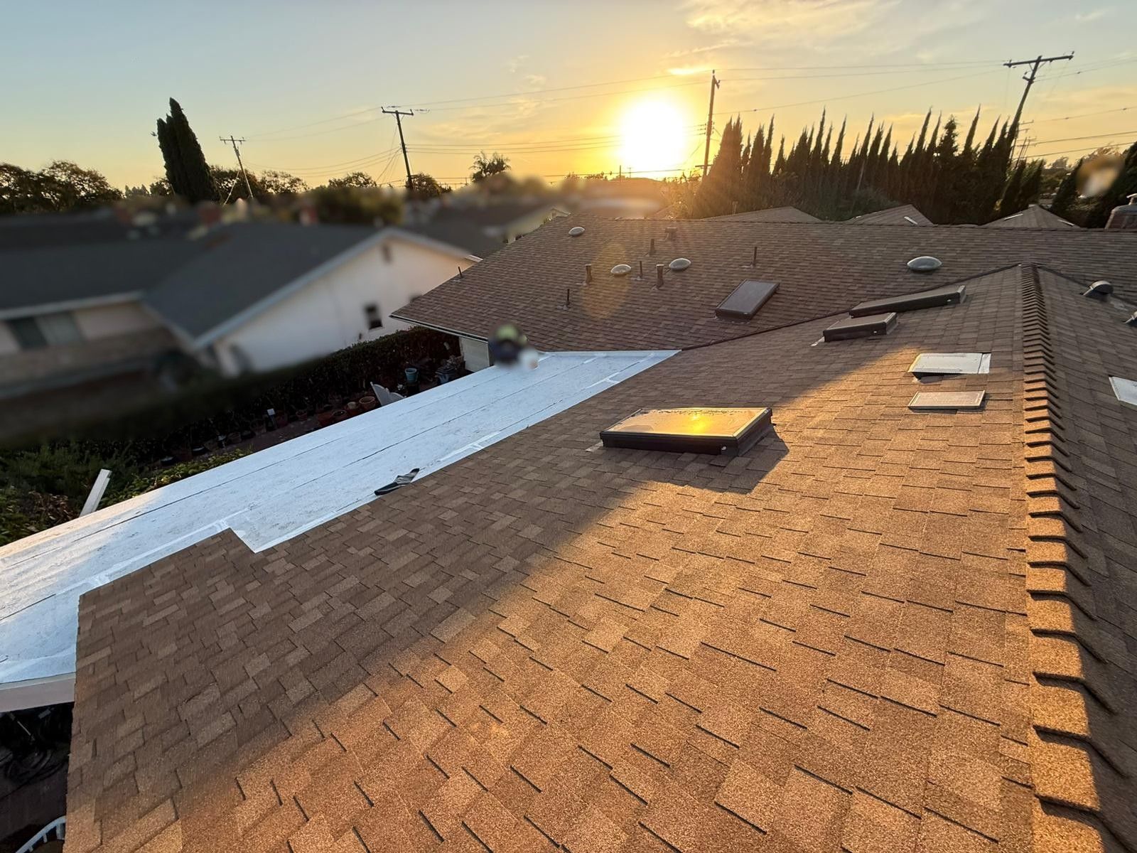 Brown shingled roof at sunset with white patching, power lines, and trees in the background.