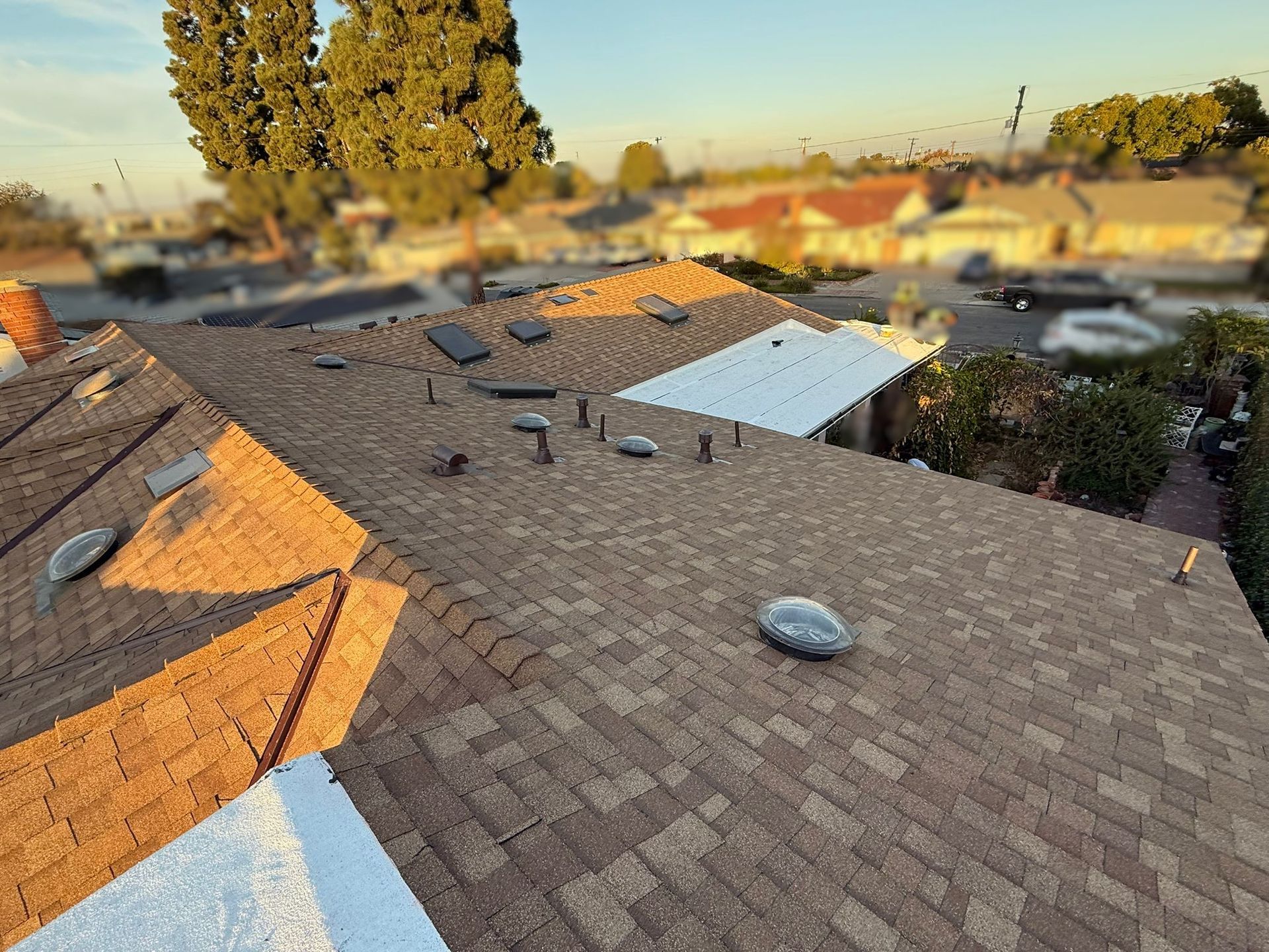 Brown shingled rooftop with vents. Sunlit, overlooking suburban houses and trees.