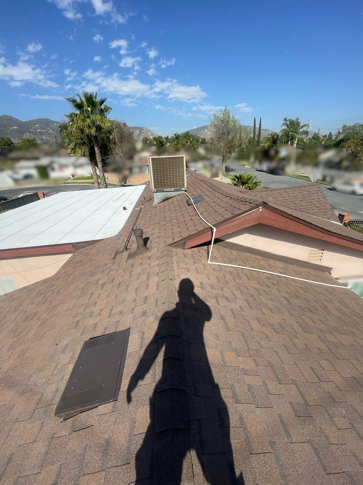 Shadow of person on a brown shingle roof with a vent and surrounding buildings, blue sky in background.