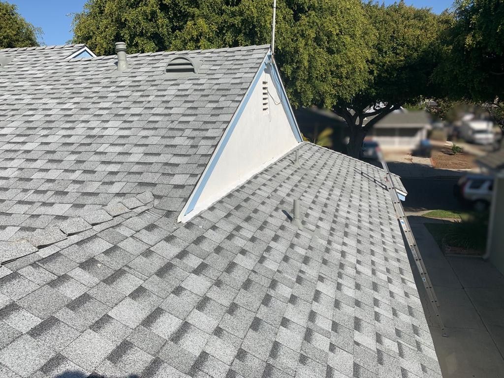 Gray asphalt shingle roof on a house with a white gable and trees in the background.