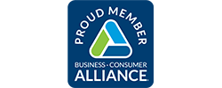 Logo for the Business Consumer Alliance with text "Proud Member". Blue square with white text, and an abstract triangle.