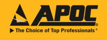 APOC logo on yellow background. Black triangle with a white accent and the letters APOC above text: