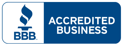 BBB Accredited Business logo with blue flame and text.
