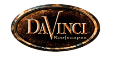 DaVinci Roofscapes logo with oval frame, brown and gold text.