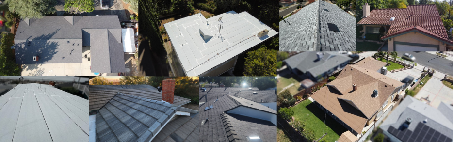 Aerial view of various roofs, showcasing different materials and designs of residential buildings.
