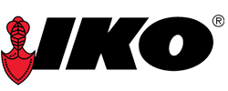 Logo for IKO, featuring the word IKO in black with a red emblem on the left and a registered trademark symbol.